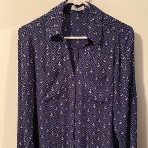 Express Navy Blue Button-Down Shirt with White Anchor Print